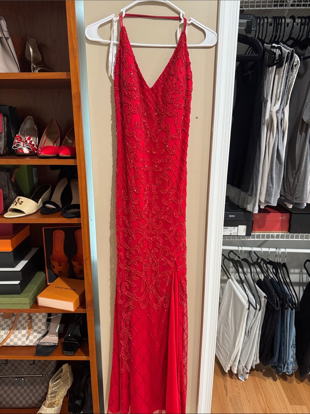 Red Beaded V-Neck Prom Gown